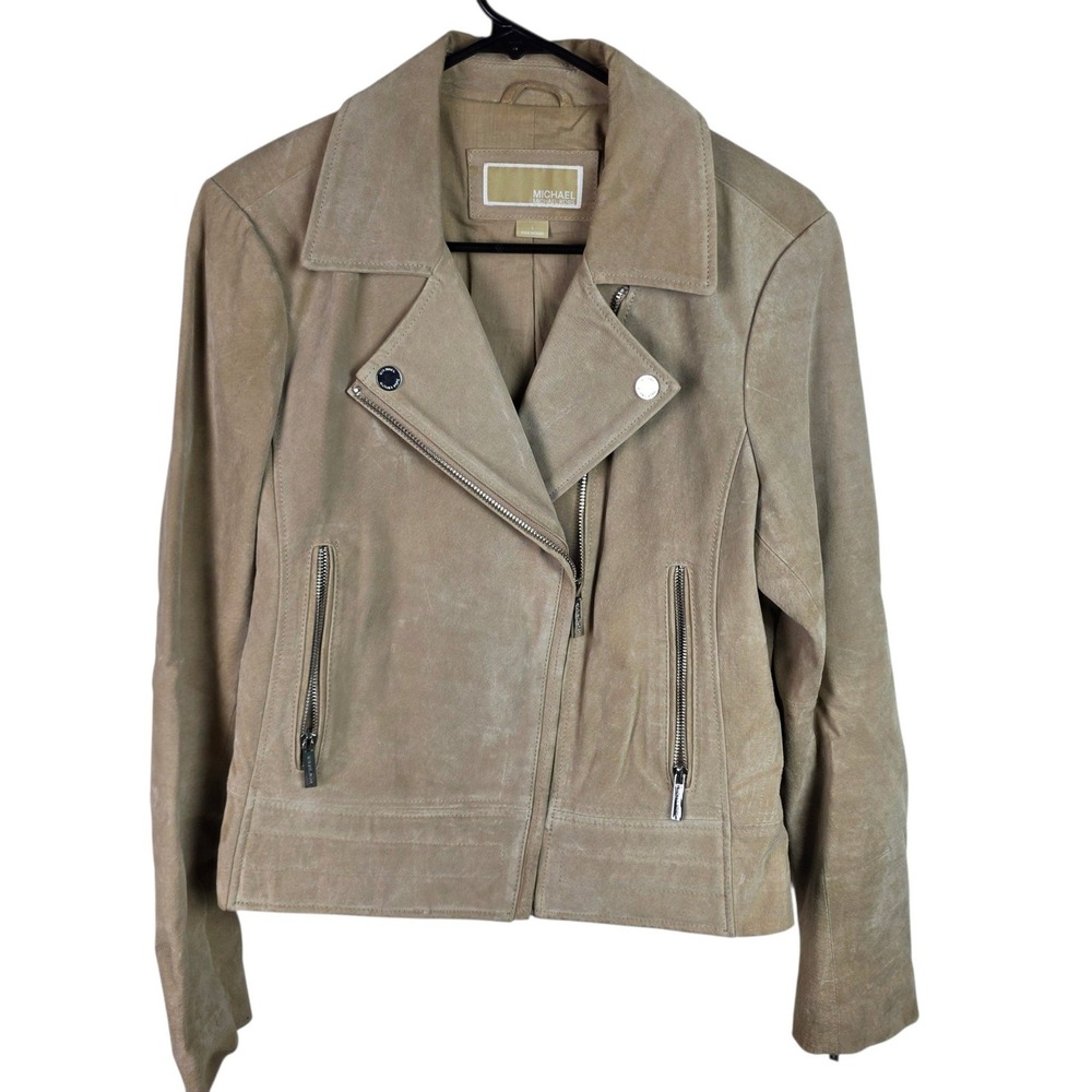 Michael Michael Kors Moto Jacket Women L Tan Good Suede Asymmetrical Zip Biker